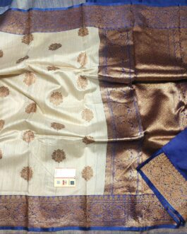 Pure Banarasi Tussar Silk Saree with blouse Off White blue