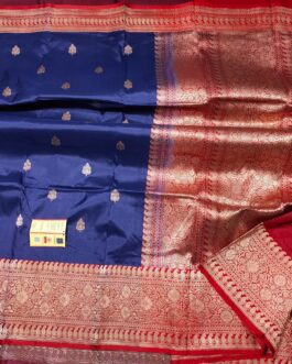 Hand Woven Pure Katan Silk Banarasi Saree with blouse Blue small motif