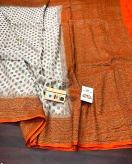 Banarasi Handloom Khaddi Pure Georgette SIlk Saree with blouse White Orange