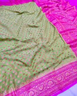Banarasi Handloom Khaddi Pure Georgette SIlk Saree with blouse Pista Green Pink
