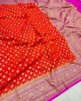 Banarasi Handloom Khaddi Pure Georgette SIlk Saree with blouse Orange Pink
