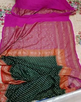 Banarasi Handloom Khaddi Pure Georgette SIlk Saree with blouse Bottle Green