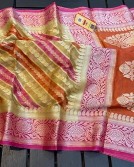 Lahariya Small Buti  Banarasi Khaddi Georgette Pure Silk with blouse | Multi Lime Yellow