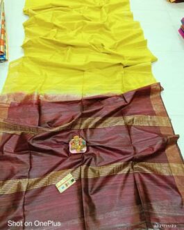 Pure Tussar Ghitcha SIlk Saree with Blouse | Lime Yellow Wine