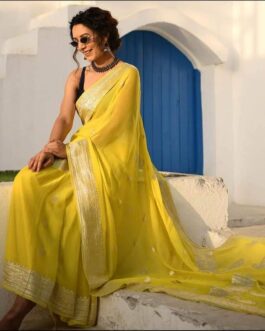 Pure Khaddi Chiffon Saree with Blouse | Yellow