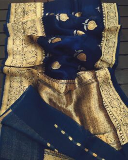 Banarasi Semi Kora Organza Silk Saree with Blouse | Carbon Blue