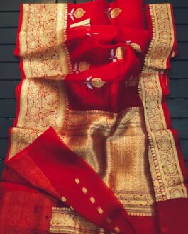 Banarasi Semi Kora Organza Silk Saree with Blouse | Blood Red